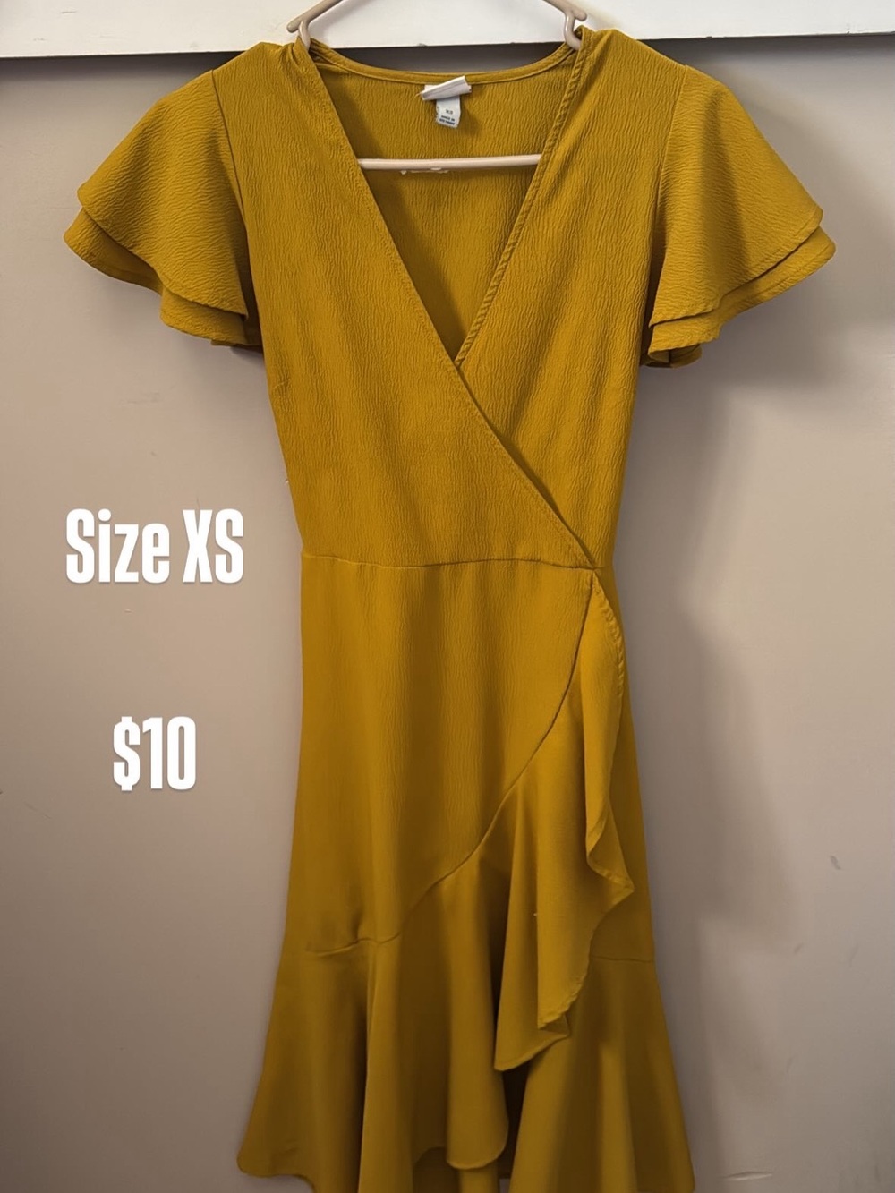 Mustard Wrap-Style Flutter-Sleeve Dress - XS